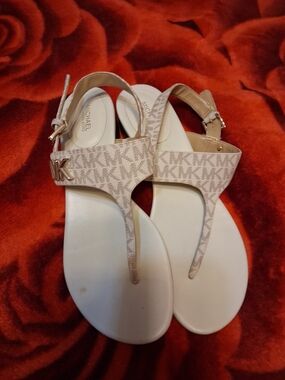 MICHAEL Michael Kors Beige Logo T-Strap Sandals